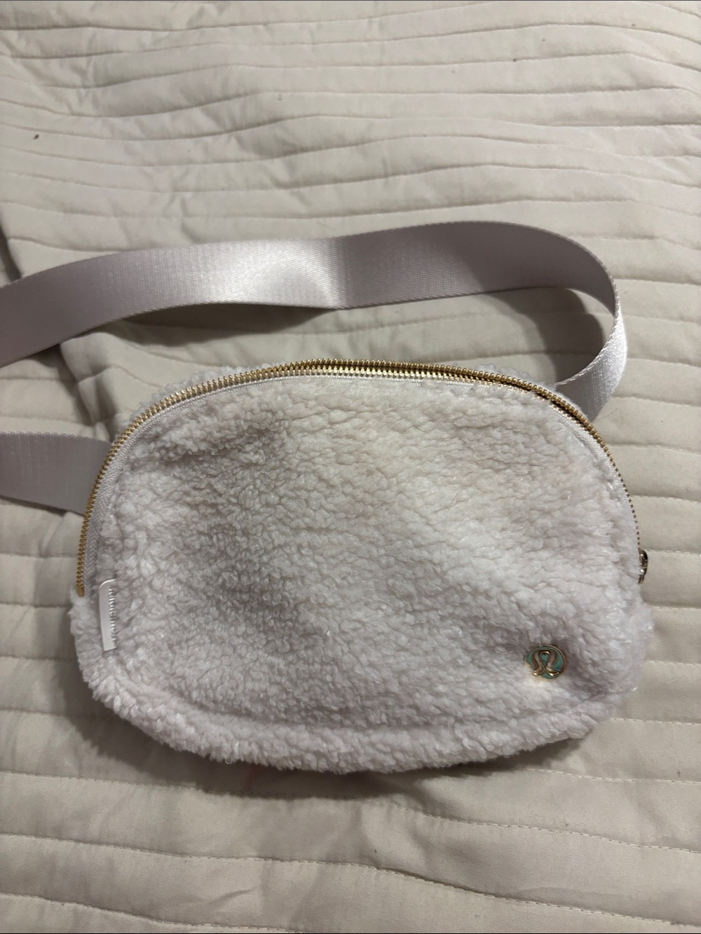 White Sherpa Crossbody Bag with Gold Accents